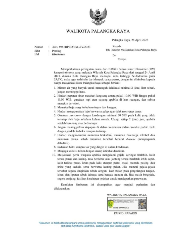 HIMBAUAN‼️Kepada Seluruh Masyarakat Kota Palangka Raya Memperhatikan peringatan cuaca dari BMKG bahwa sinar Ultraviolet …